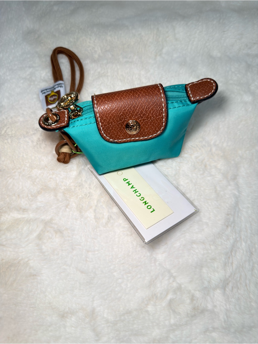 Longchamp Small Teal Nylon Wristlet With Brown Leather Trim